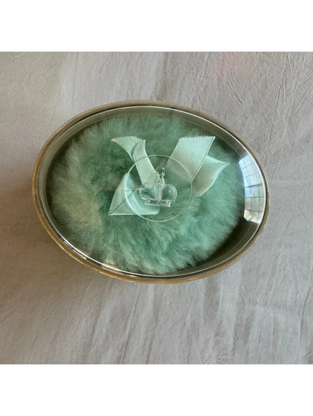 Vintage Prince Matchabelli Beloved Powder Box Crown Logo Mint Green Puff MCM